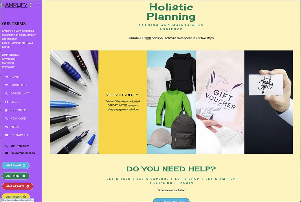 ((((AMPLIFY)))) website is brightly coloured to match the logo and provides direction to what potential clients may be looking for
