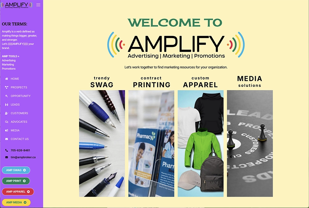 ((((AMPLIFY)))) website is brightly coloured to match the logo and provides direction to what potential clients may be looking for