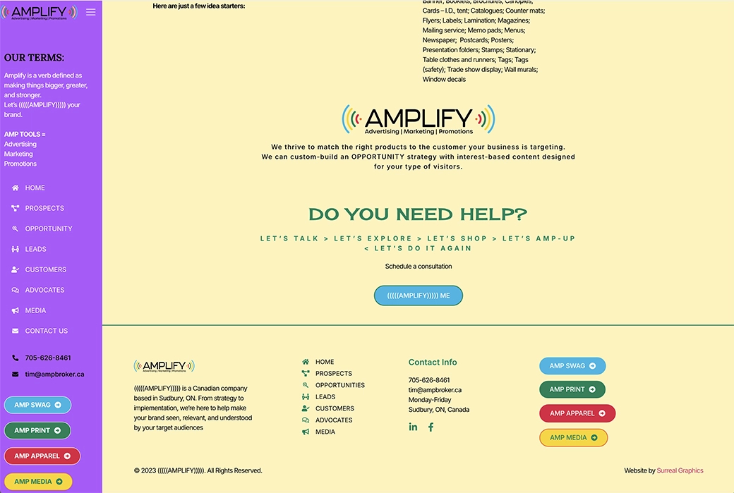 ((((AMPLIFY)))) website is brightly coloured to match the logo and provides direction to what potential clients may be looking for