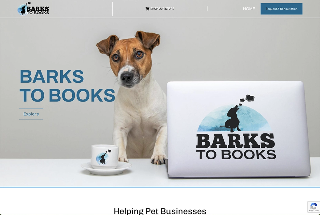 Barks to Books' website instantly tells visitors what type of business they are