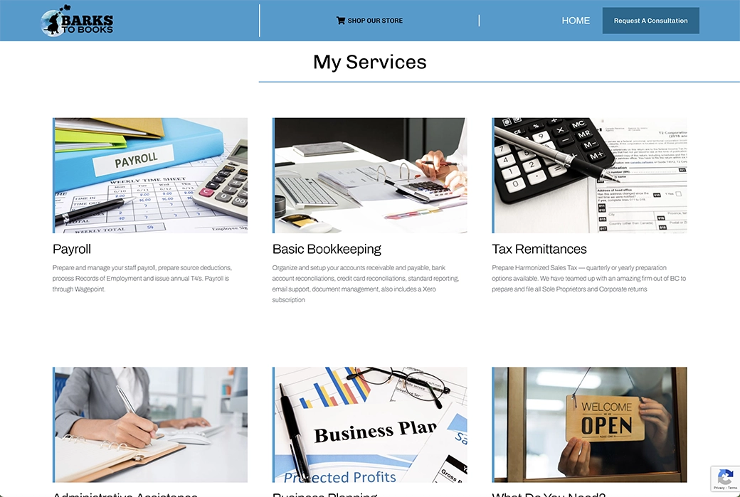 Barks to Books' website has a section that breaks down the different services they specialize in