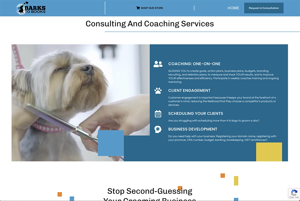 Barks to Books' website displays a coaching section on the Home page that features a video