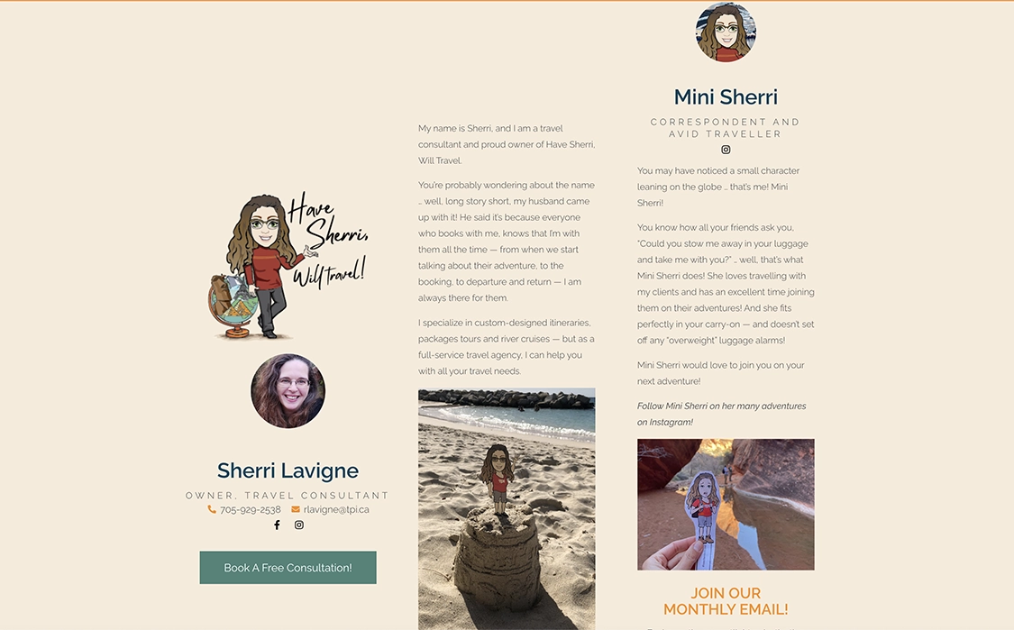 Have Sherri Will Travel's website has a brief bio about owner, as well as Mini Sherri, the company’s correspondent