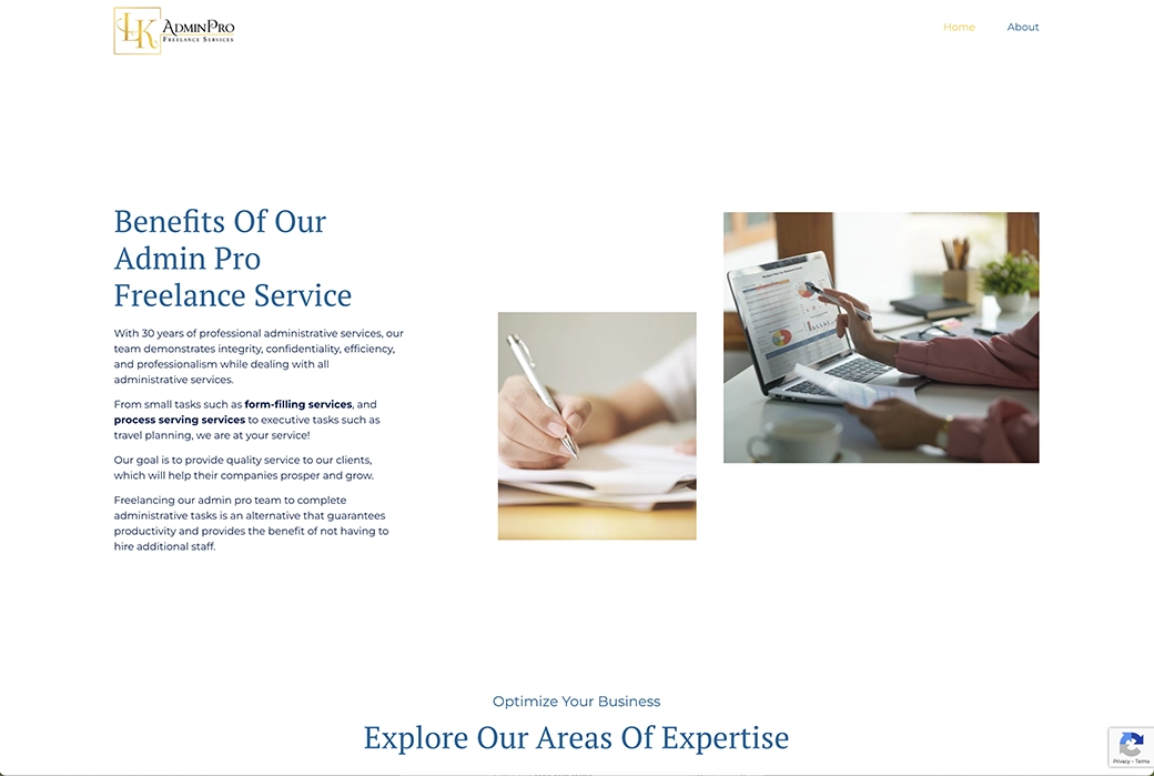 LK AdminPro on the Home page there is a section showing benefits of their services