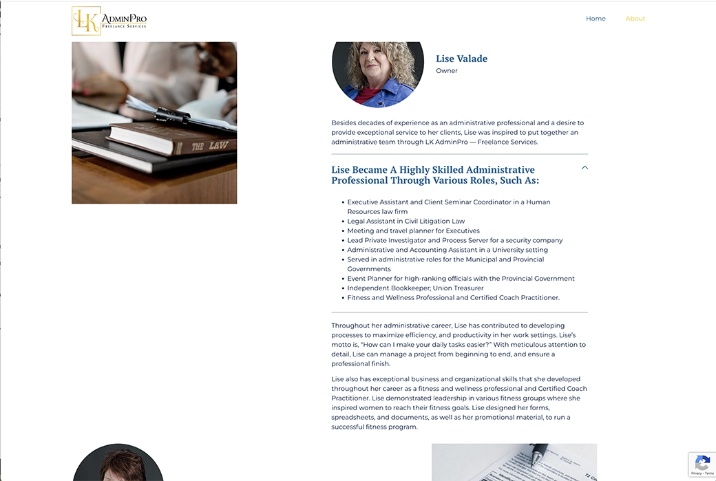 LK AdminPro on the About page as drop-down arrows that show their skills