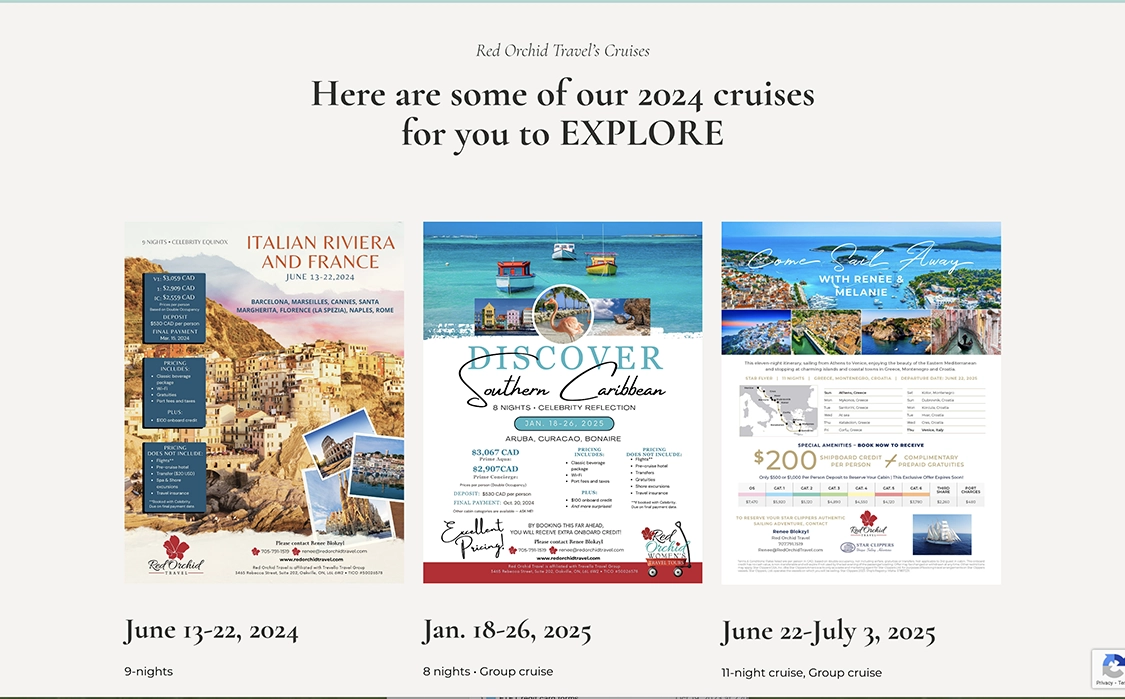 Red Orchid Travel’s website that lists flyers on group travel