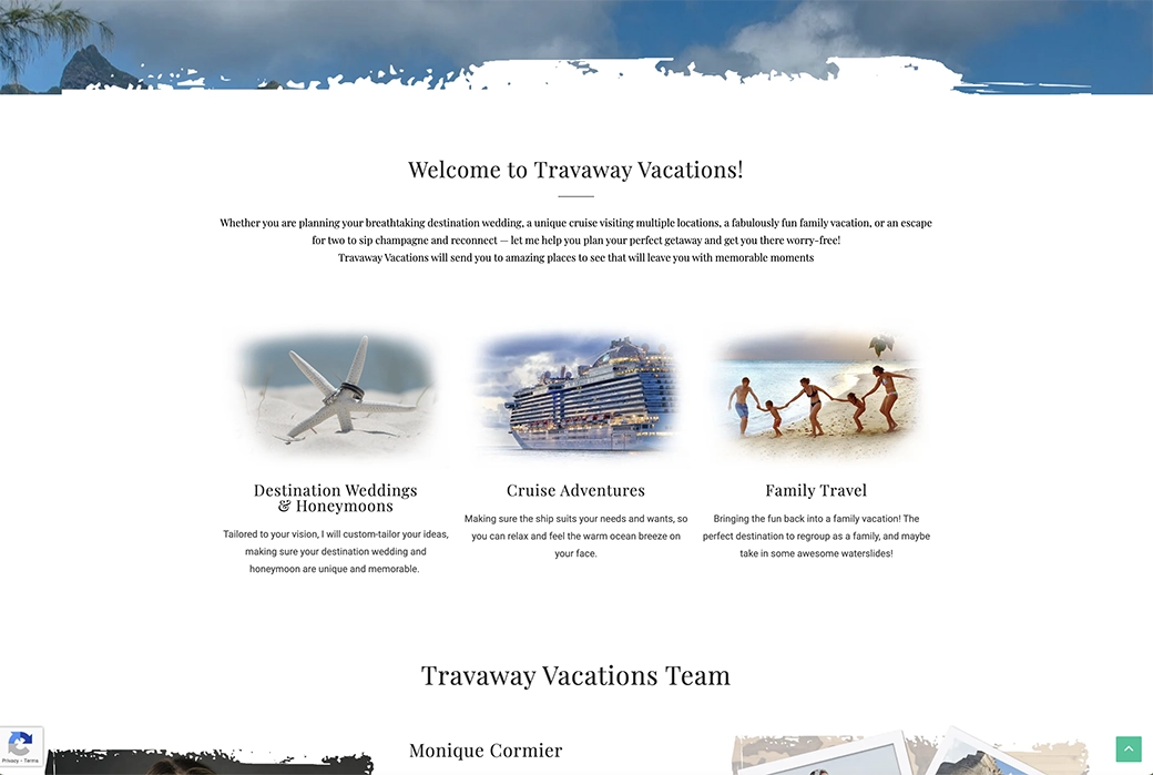 Travaway Vacation "welcome" section on website.