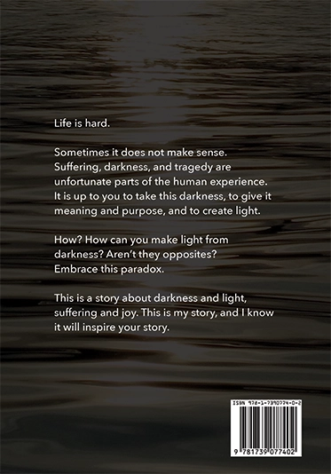 Mattieu Bonin’s book, Light From Darkness. The base of the book is talking about Mattieu’s swimming journey, reflecting on mental illness. So the cover we have a lake image with the edges being darkened to reflex the "light from darkness" title.