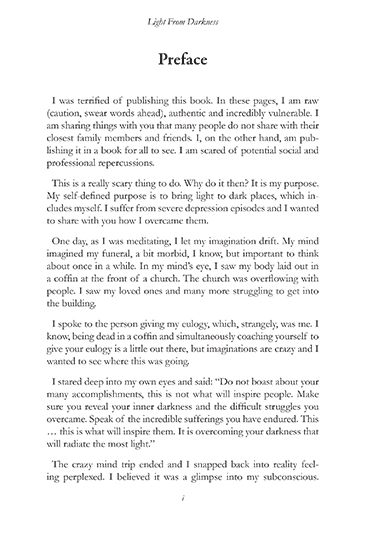 Mattieu Bonin’s book, Light From Darkness. Each chapter has the set up of a header and justified text.