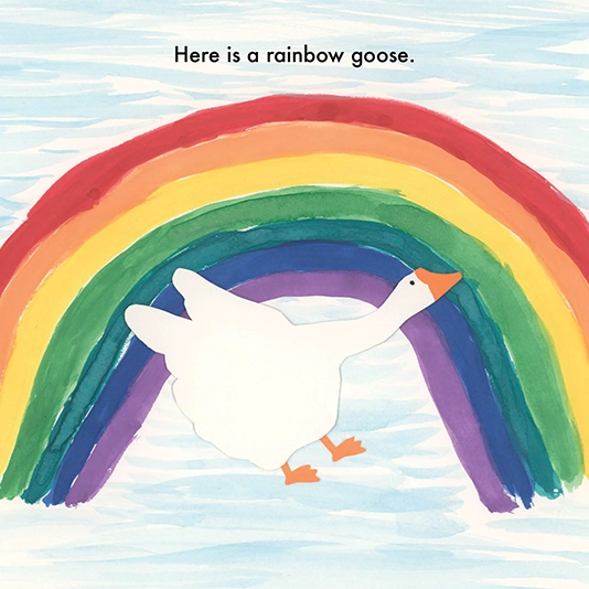 Bonnie Boyd’s second book, Where Is The Silly Goose. A child’s drawing of a goose flying past a rainbow.